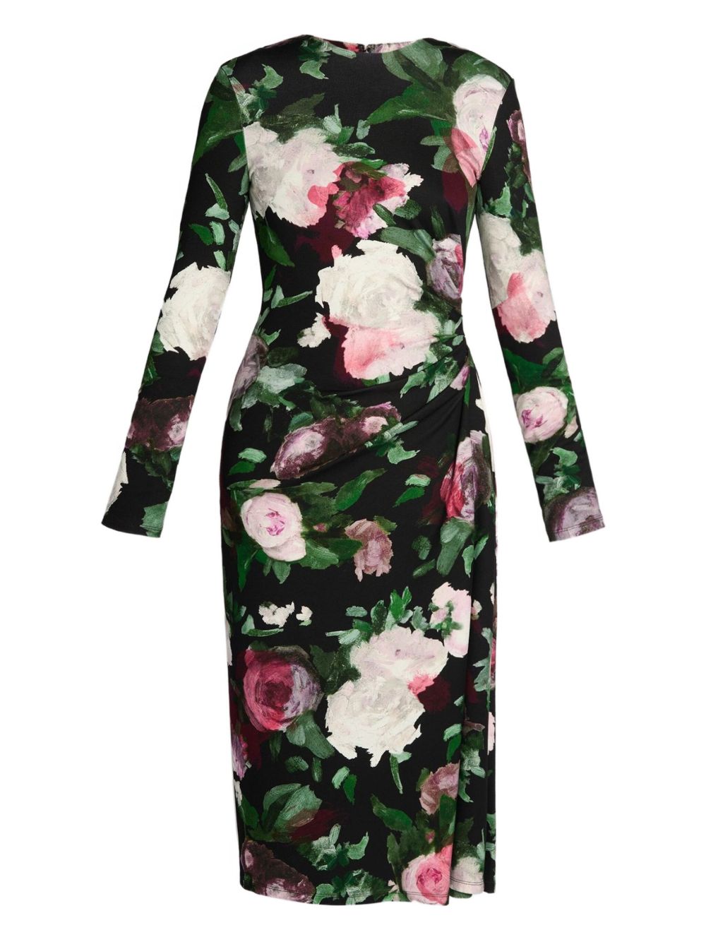 Long-sleeved draped midi dress - Black