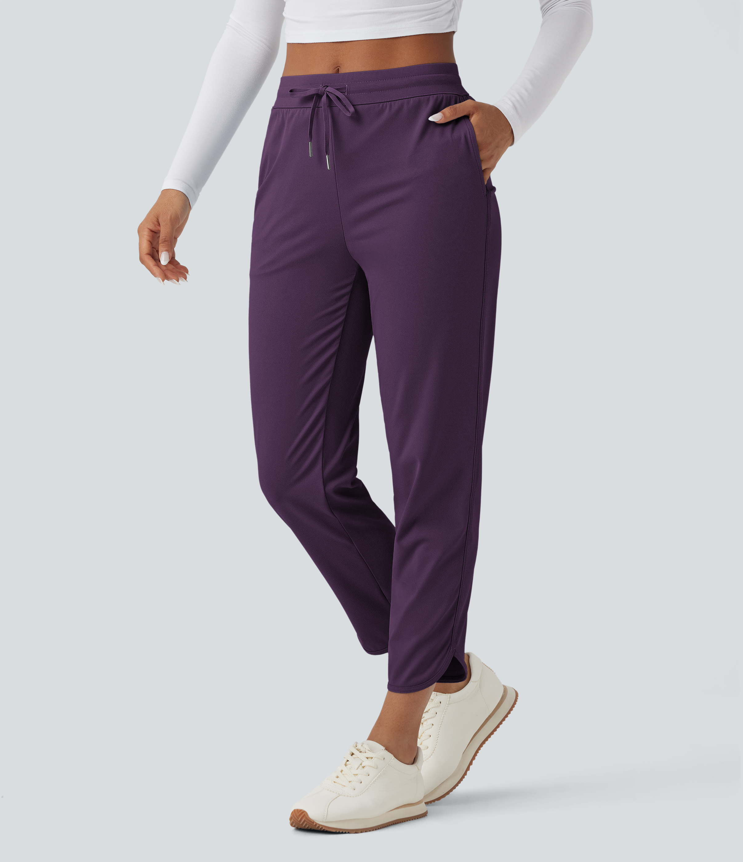 Halara Mid Rise Drawstring Curved Hem Quick Dry Golf Tapered Trousers with Pockets-UPF40+ - Blackberry Cordial - XLpetite