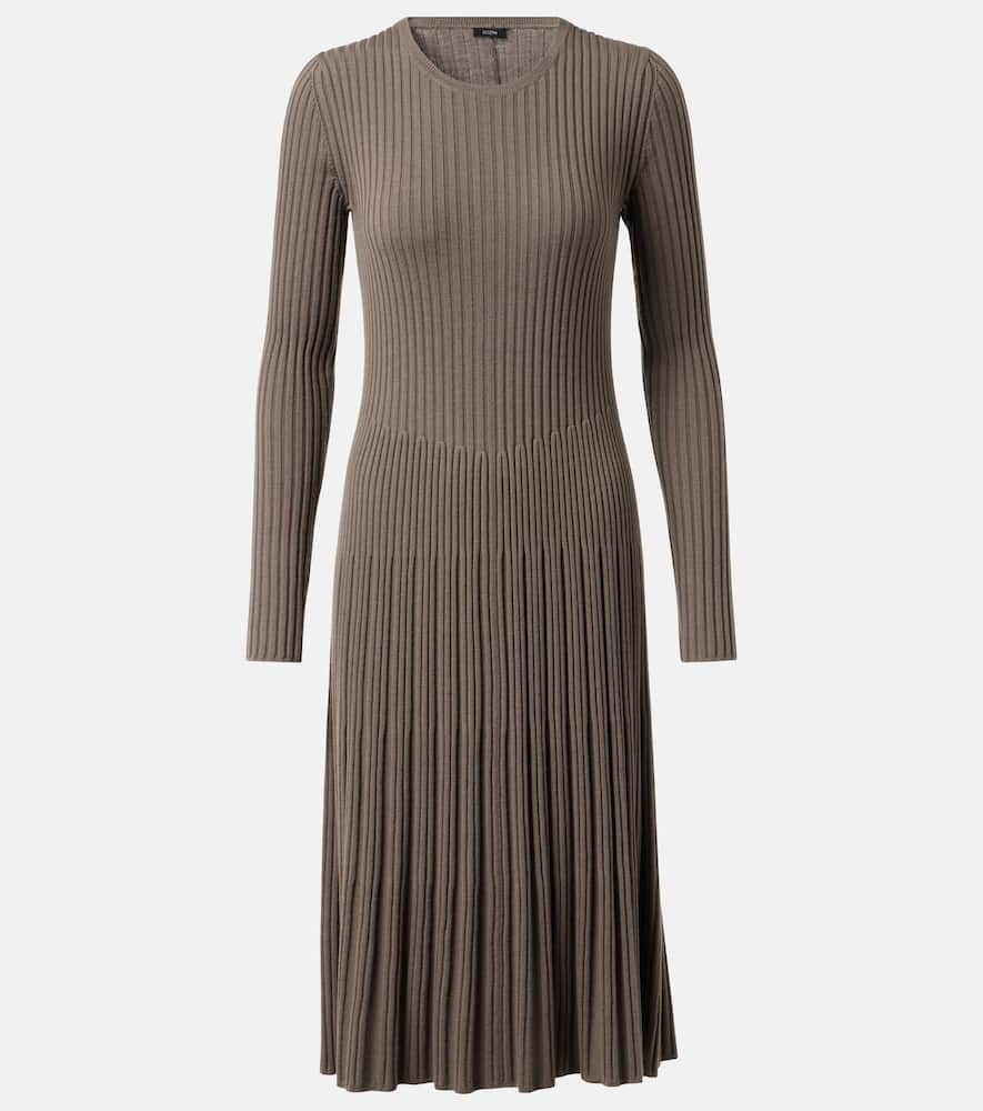 Ribbed-knit pleated wool midi dress