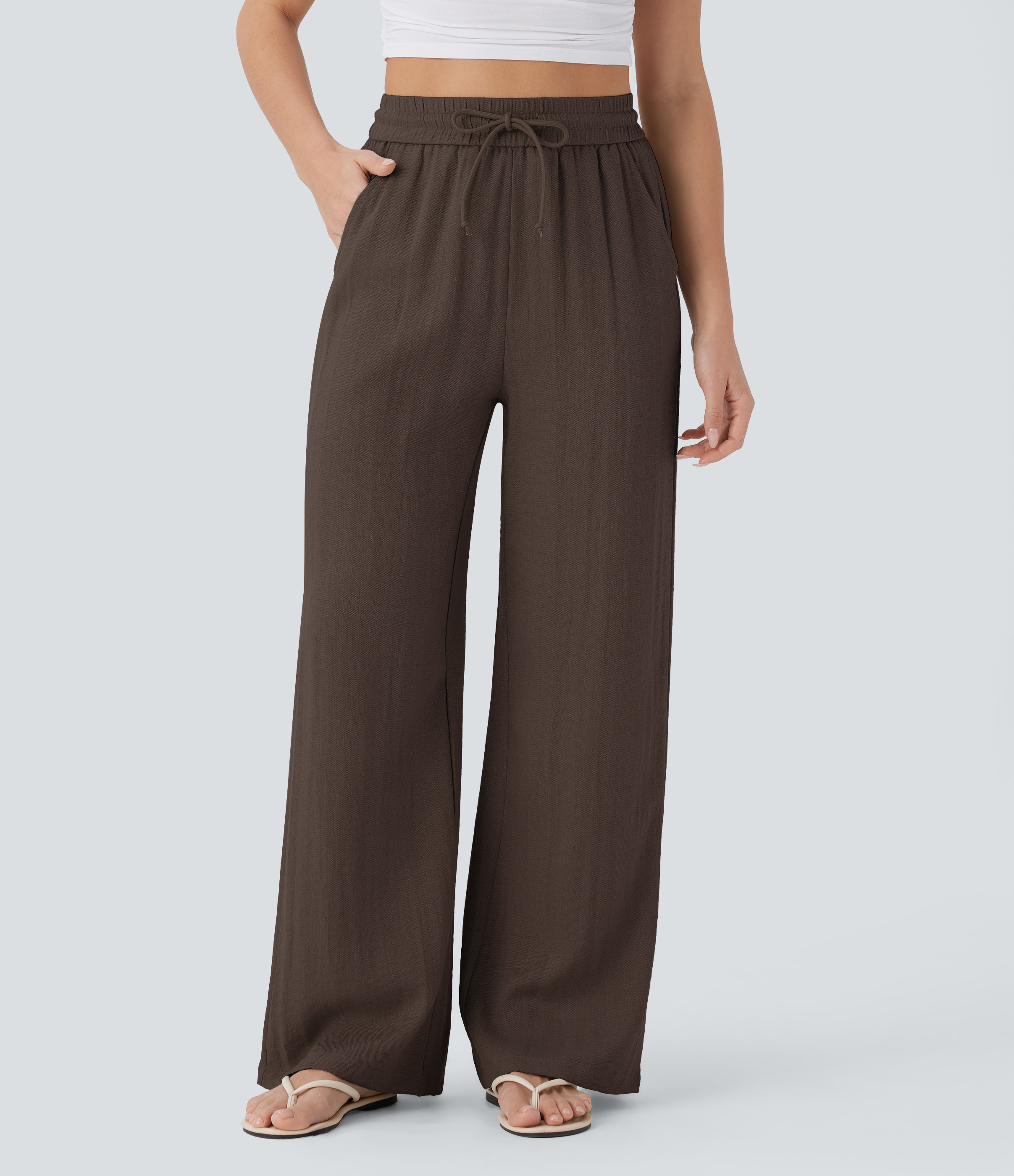High Waisted Drawstring Pocket Wide Leg Baggy Casual Linen-Feel Pants  - Chocolate Martini
