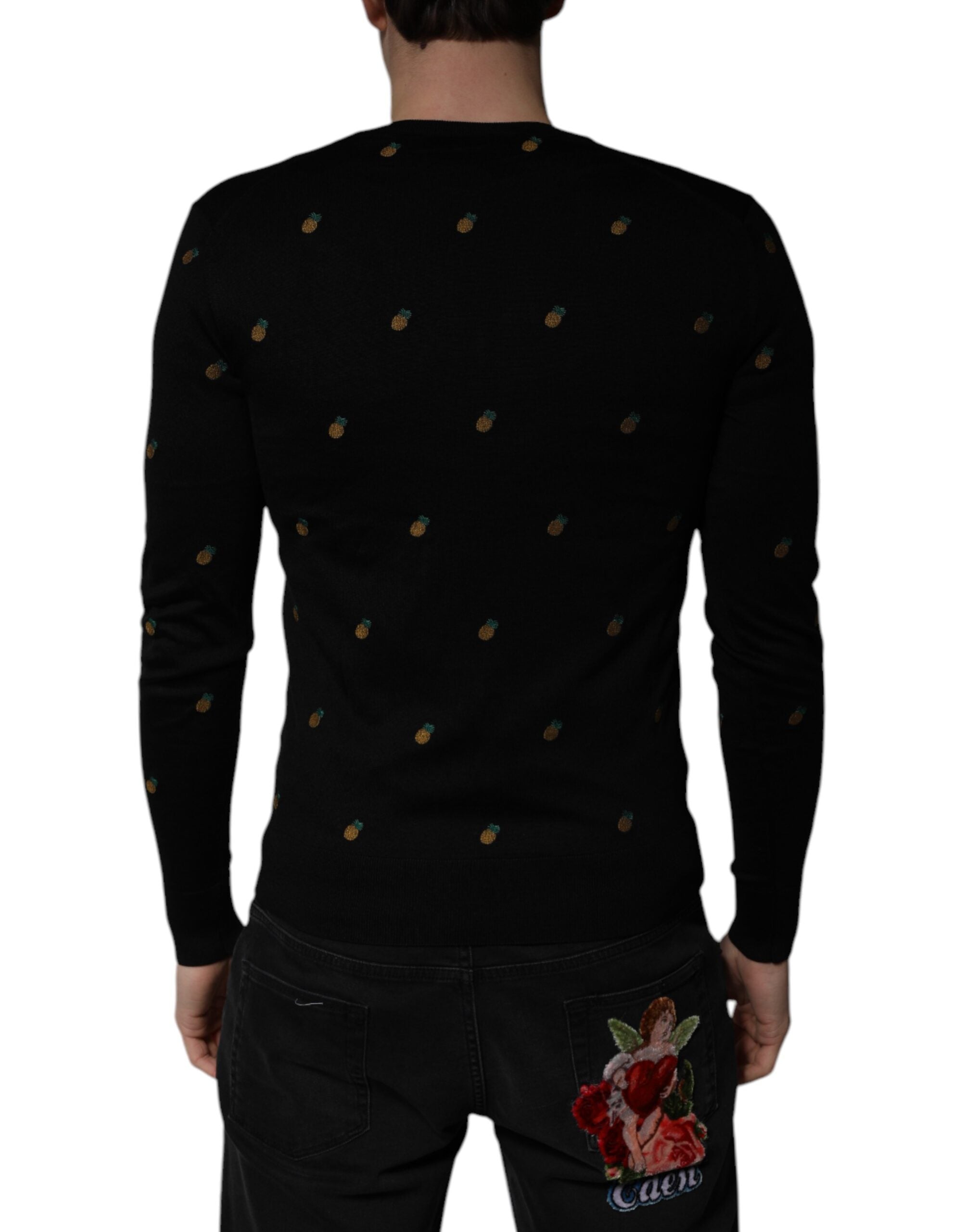 Pineapple-Embroidered Silk Sweater — Black