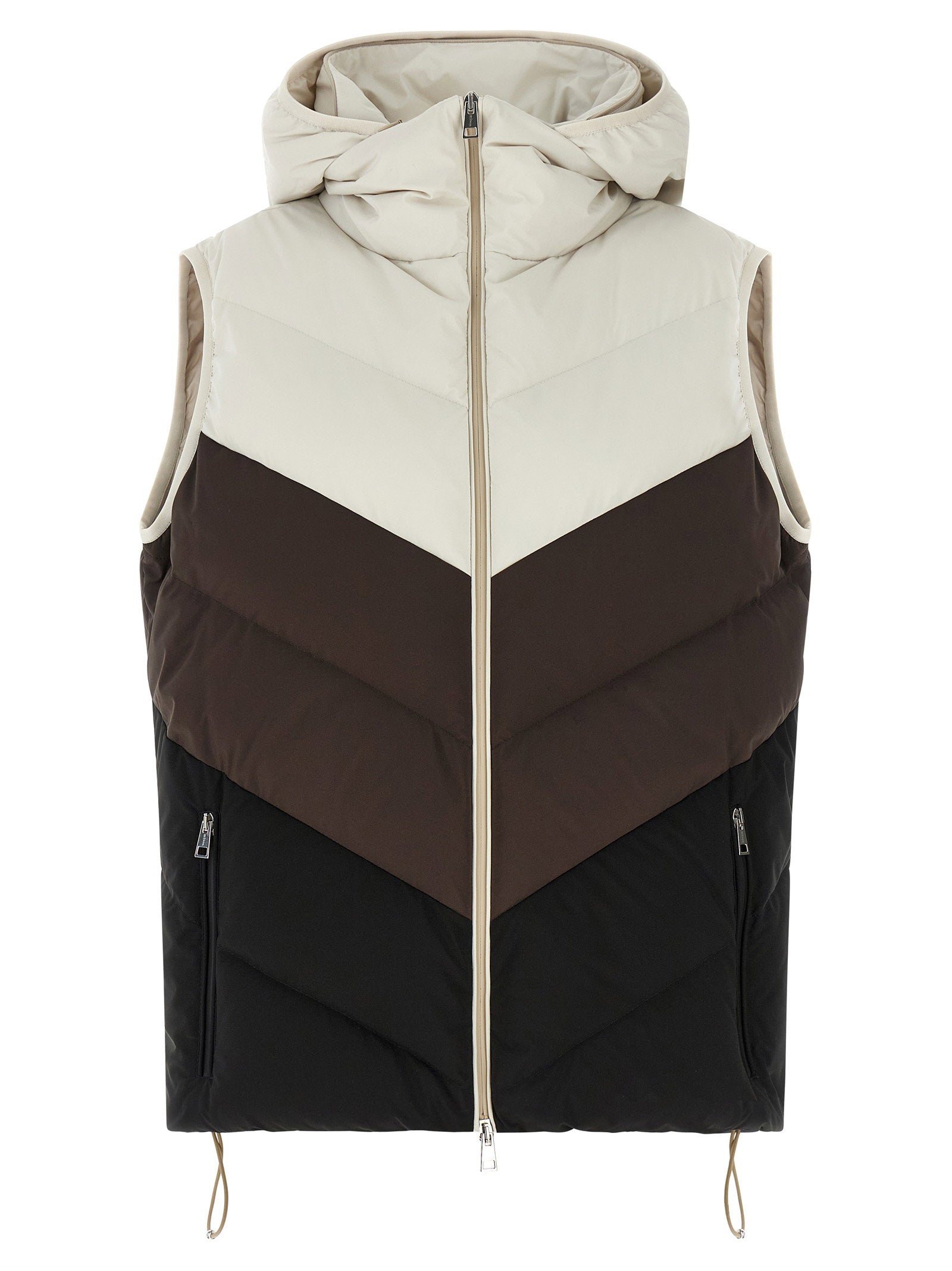Chevron-Quilted Color-Block Padded Vest — Black