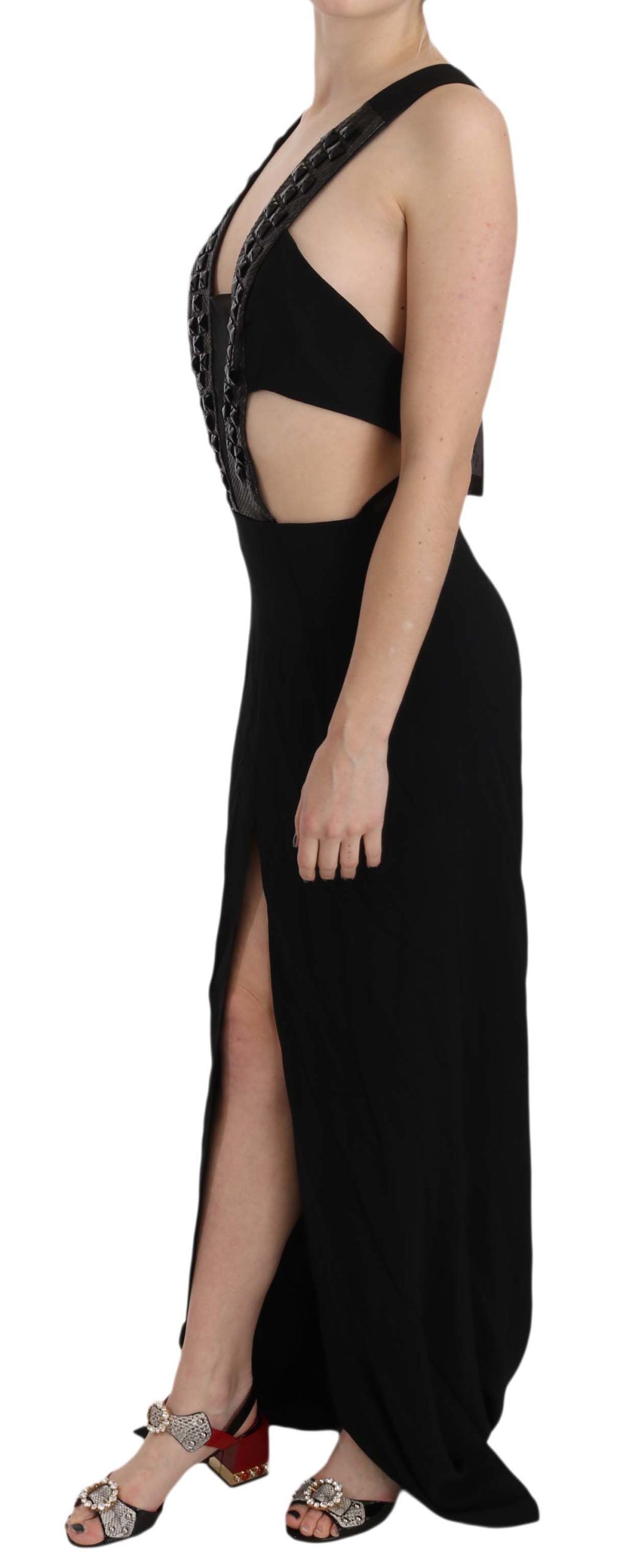 Crystal-Embellished Leather-Strap Flare Dress — Black