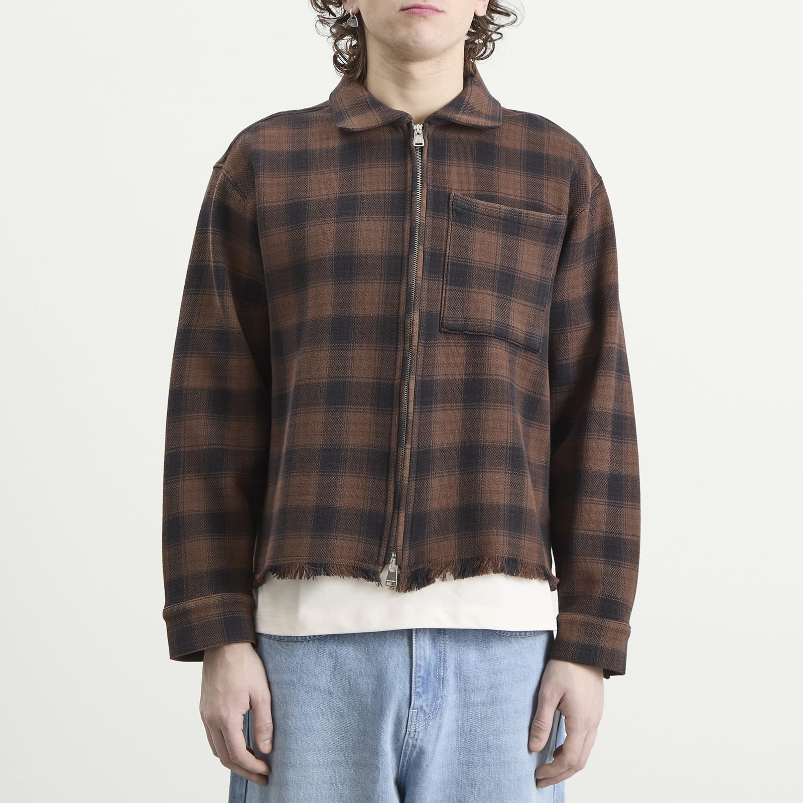 Men's Plaid Zipped Overshirt in Brown