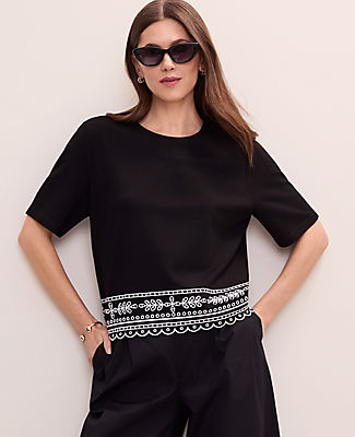 Ann Taylor Petite Embroidered Crew Neck Top