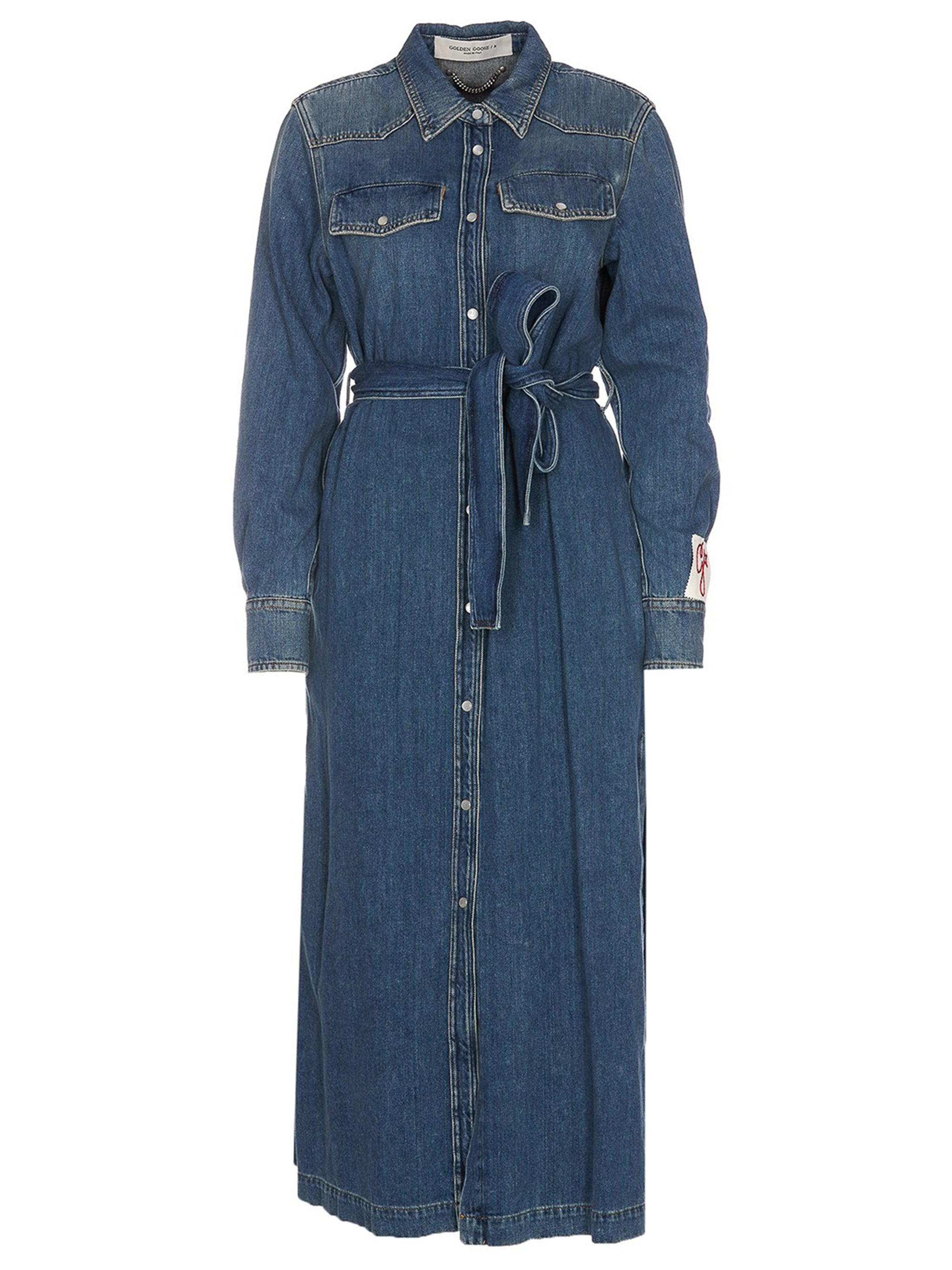 Tone-on-Tone Waistband Long-Sleeve Dress with Double Back Star, Side Slits & Distressed Finish