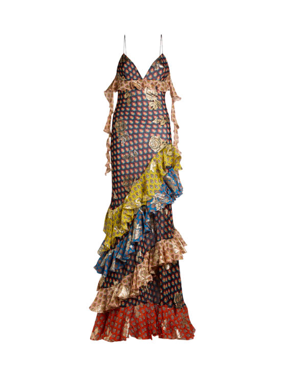 Long Silk Dress With Fil Coupé Roses And Tie-inspired Motif
