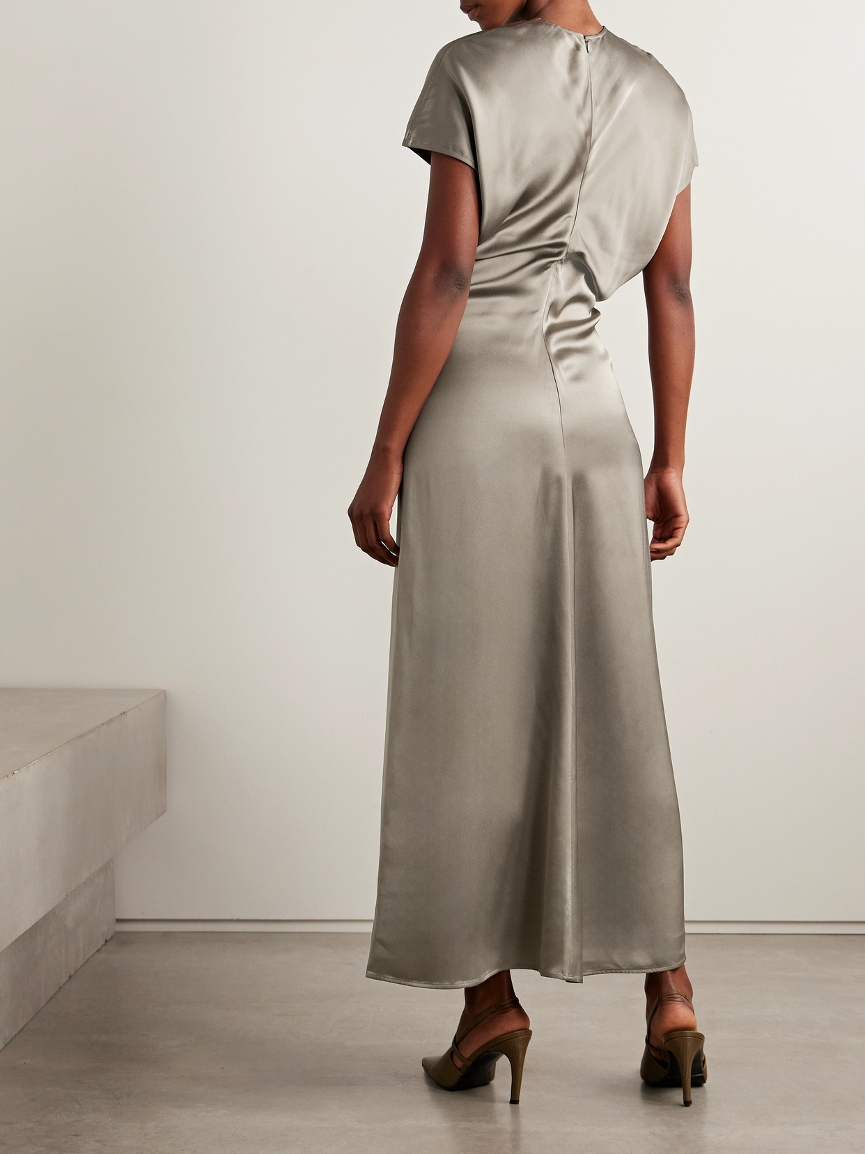 Draped Satin Maxi Dress - Brown