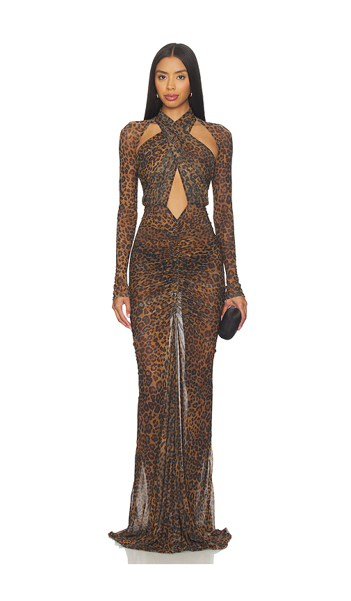 Lapointe Printed Mesh Halter Ruched Gown in Leopard - Brown. XS also in L