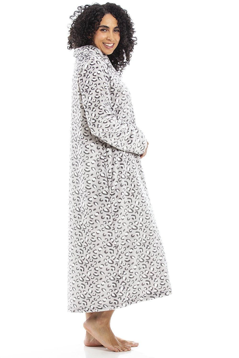 Camille Women's Supersoft Fleece Zip Up Animal Print Robes in Light Grey