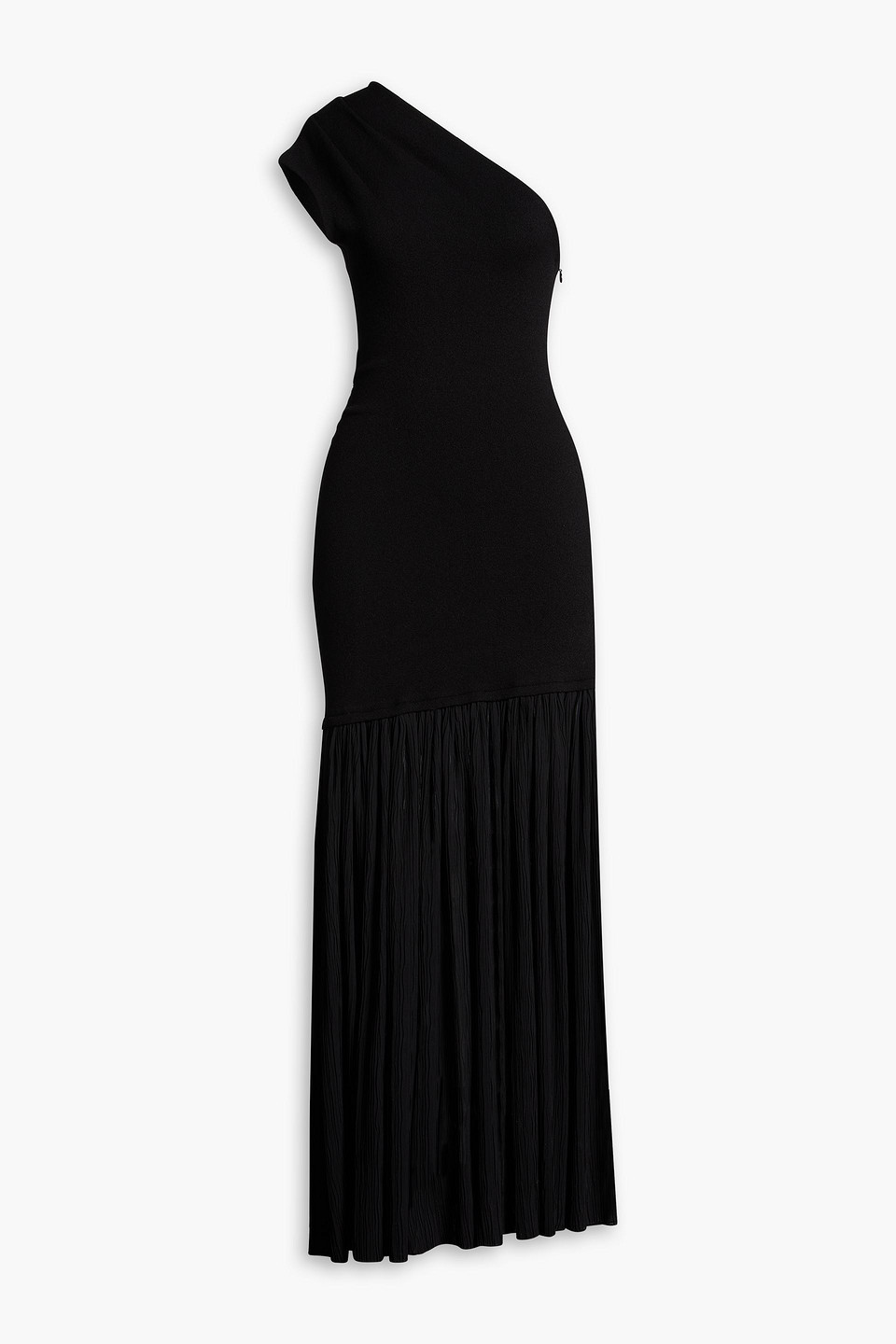 One-shoulder plissé-chiffon and bouclé-knit maxi dress - Black - US 4