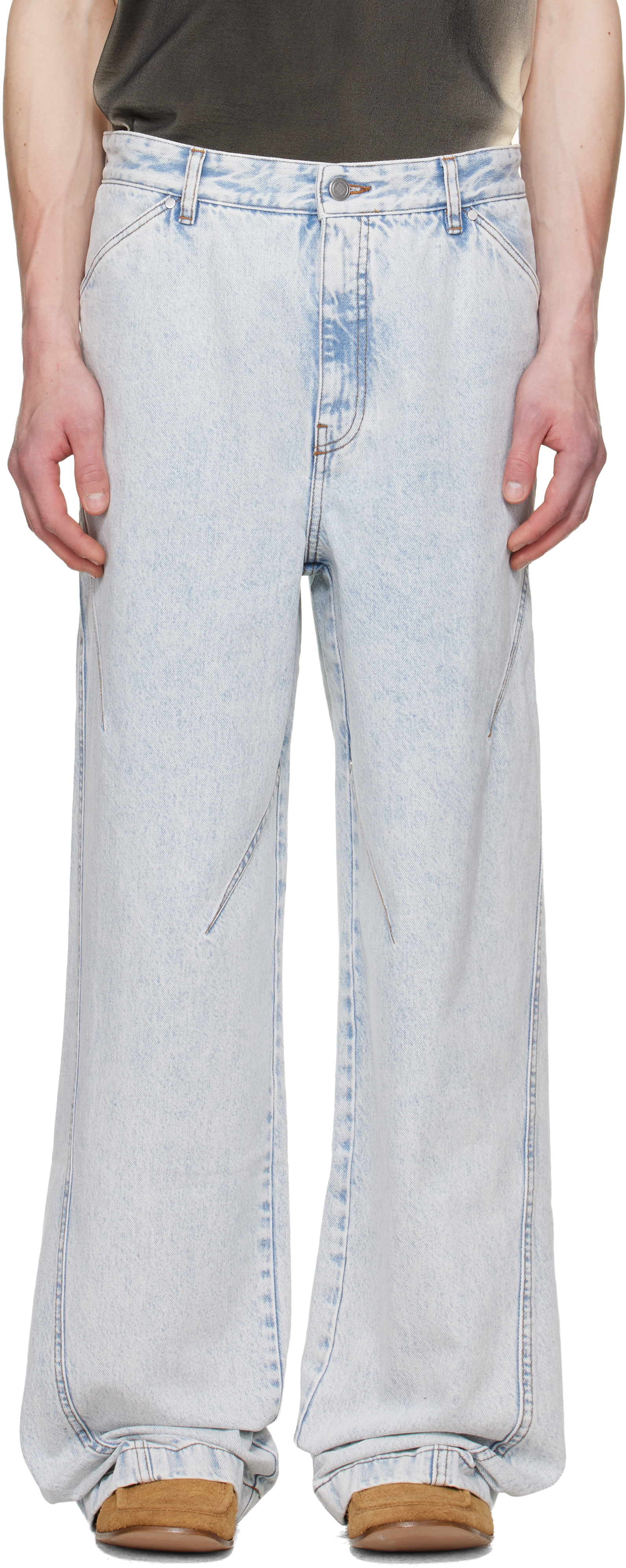 Blue Straight-Leg Light-Wash Pleats Jeans
