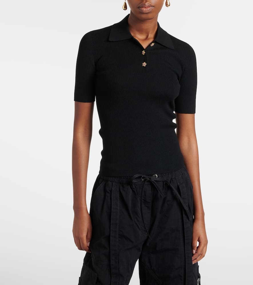 Embellished ribbed-knit polo shirt