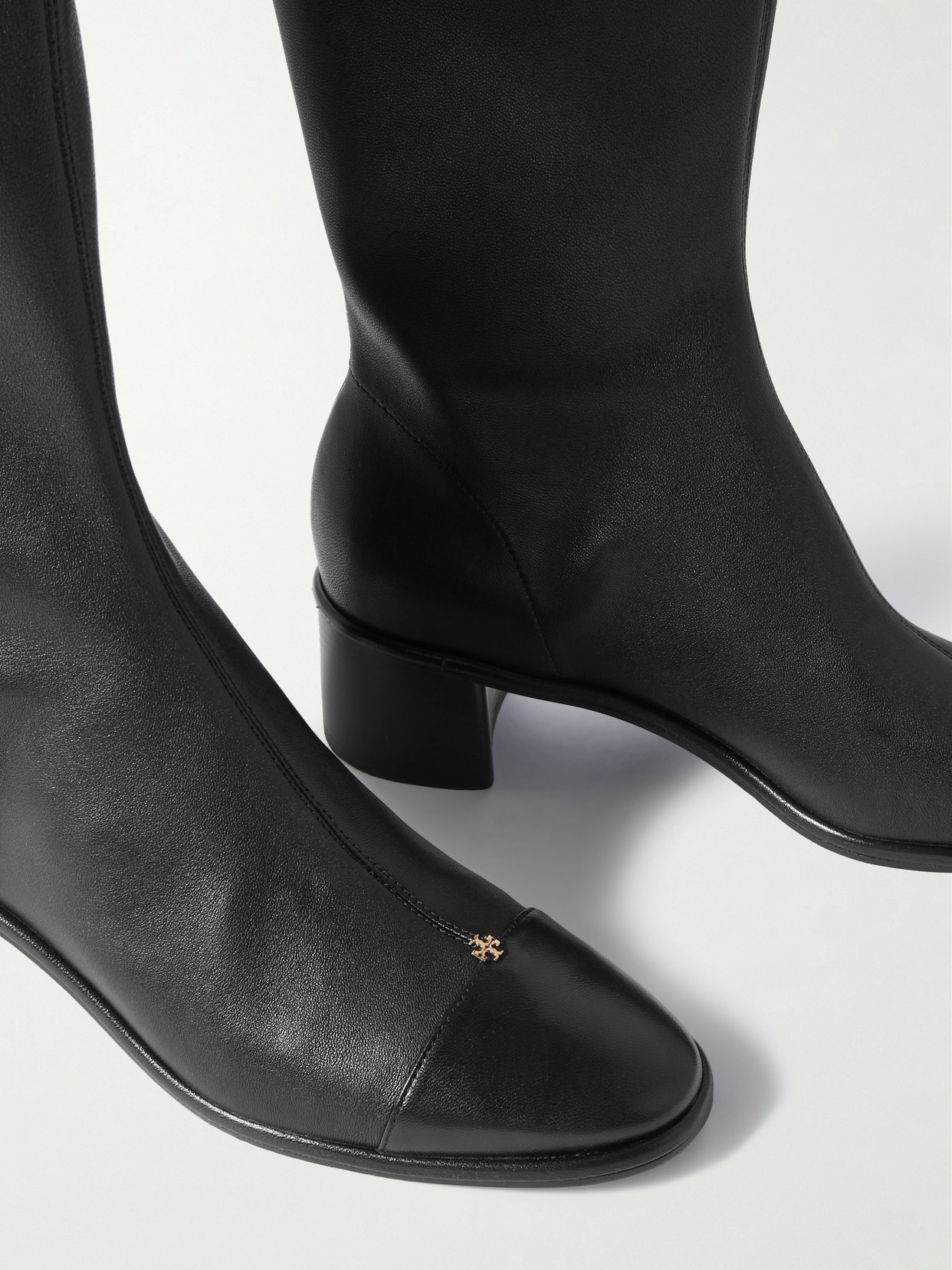 Paneled Leather Knee Boots - Black