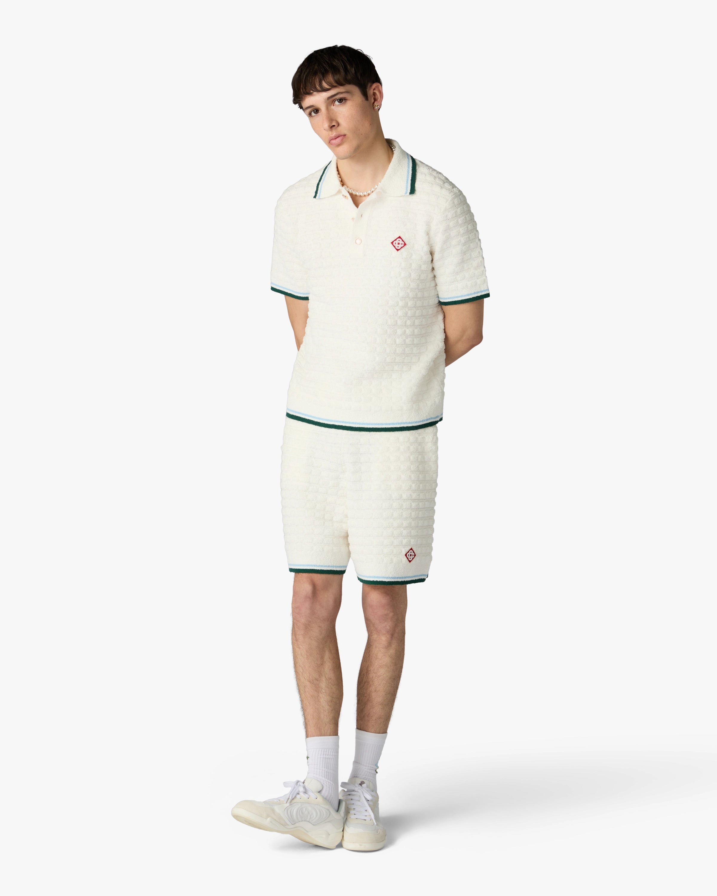 White Boucle Short Sleeve Polo Shirt