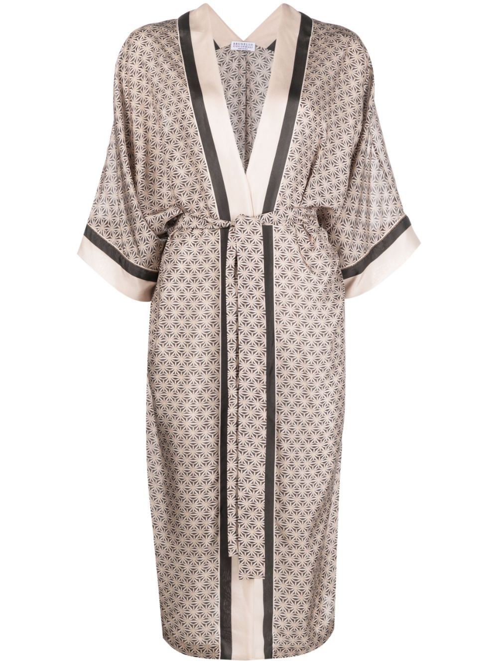 Geometric-print silk wrap coat - Neutrals