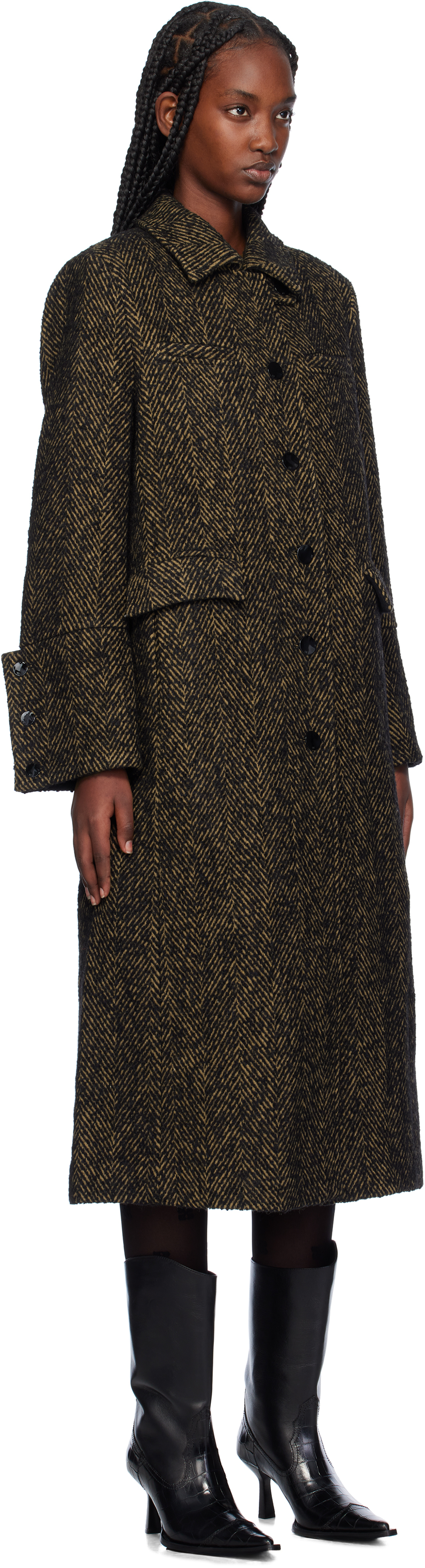 GANNI Brown Herringbone Wool Coat