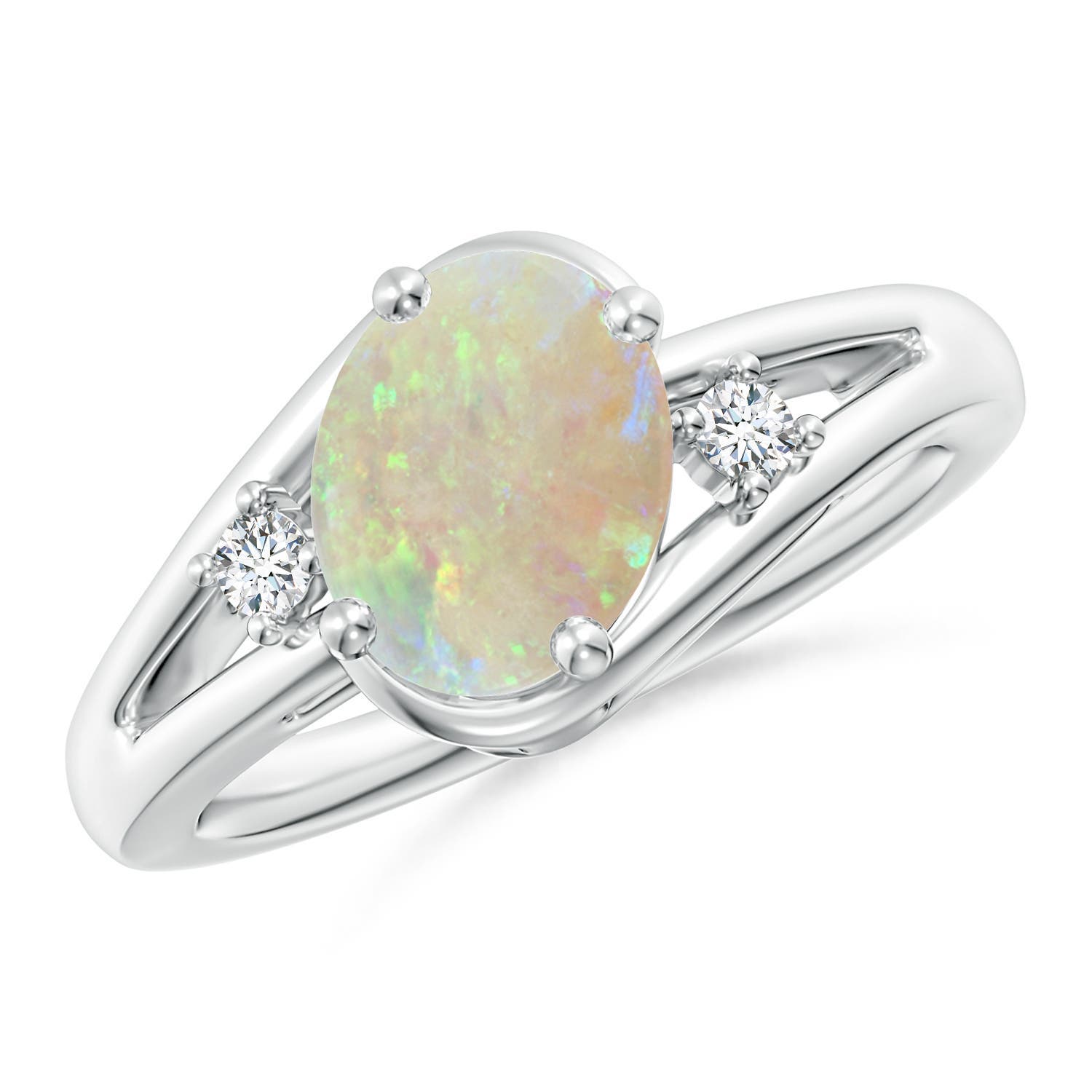 Angara 1.1 Carats Prong-Set Opal and Diamond Split Shank Ring in Platinum
