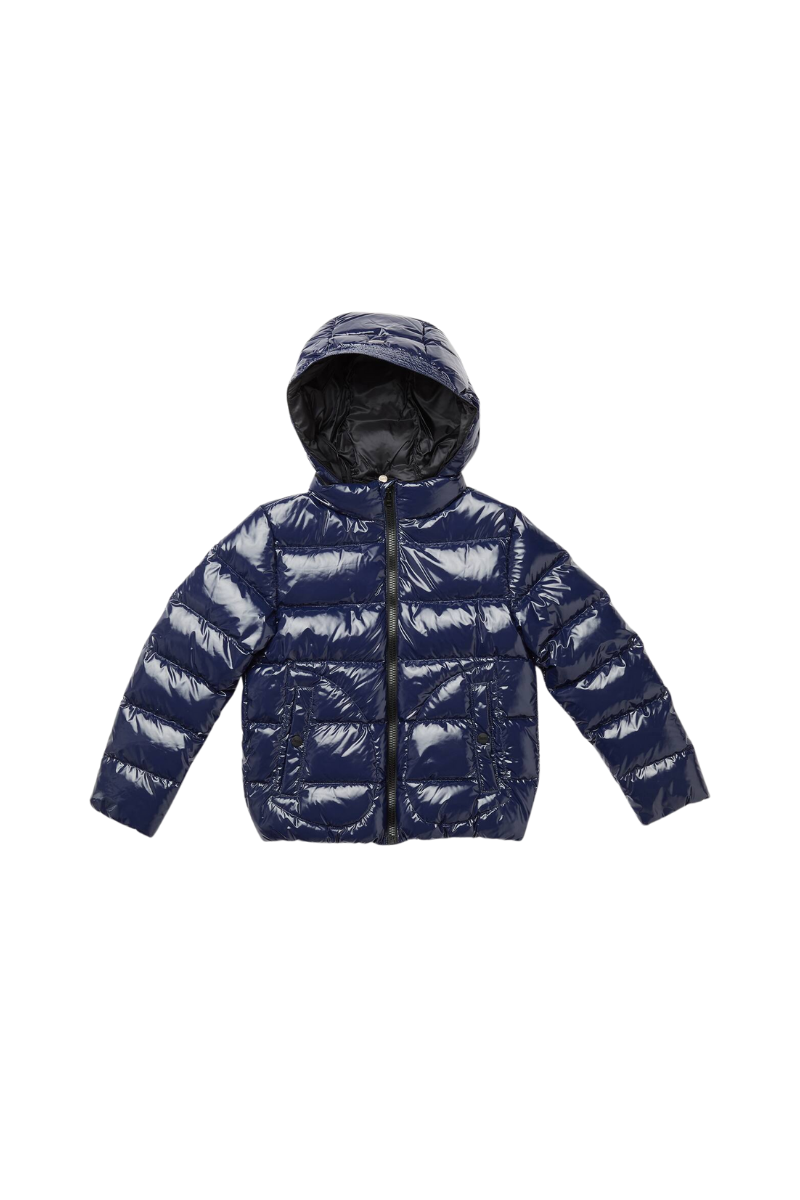 Hooded Shiny Down Down Jacket — Navy