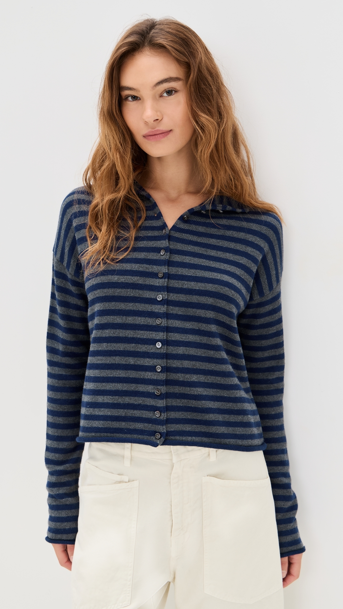 Taylor Cardigan in Stripe Cotton Cashmere Blend Navy/Oxford