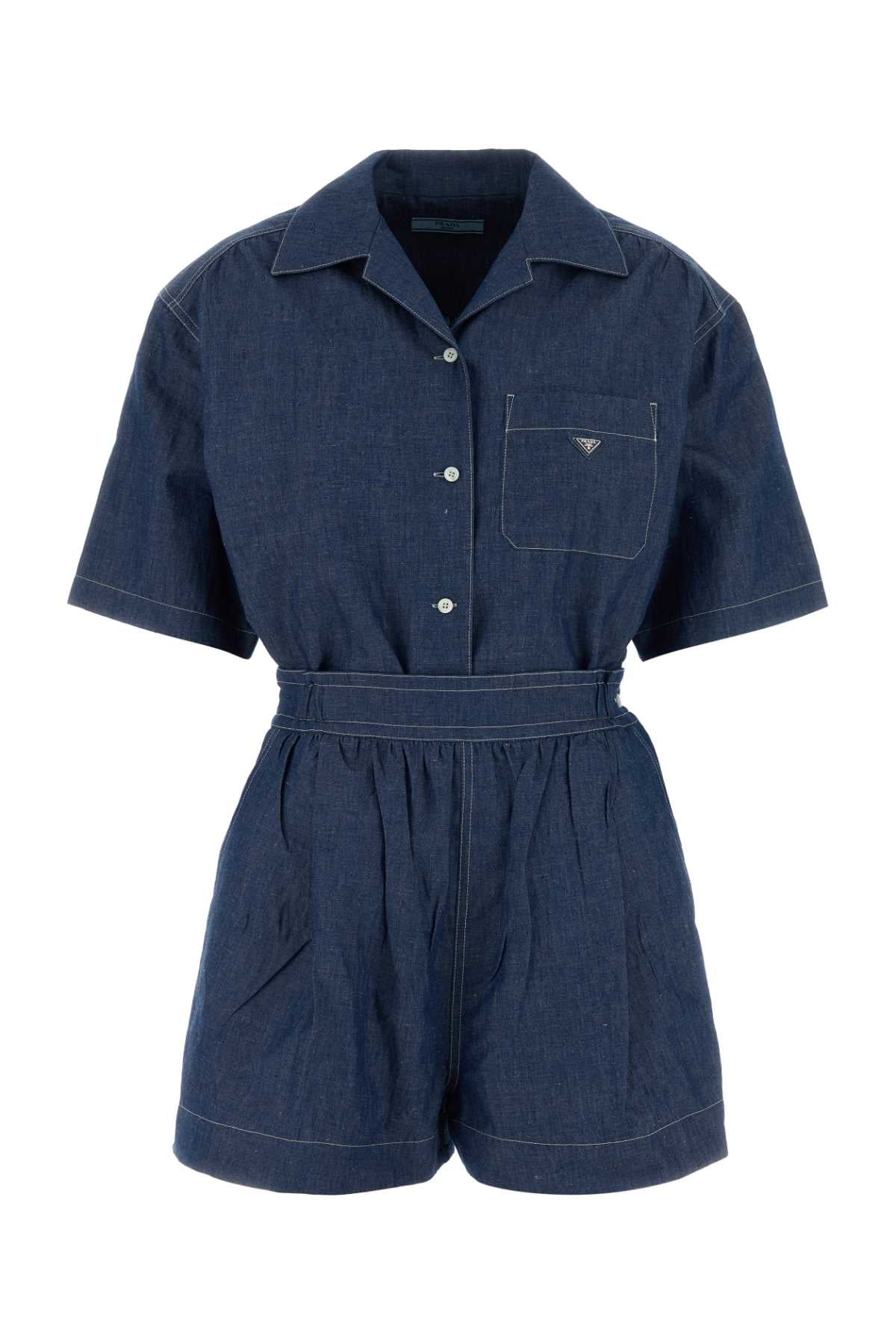Cotton-Linen Chambray Jumpsuit — Blue