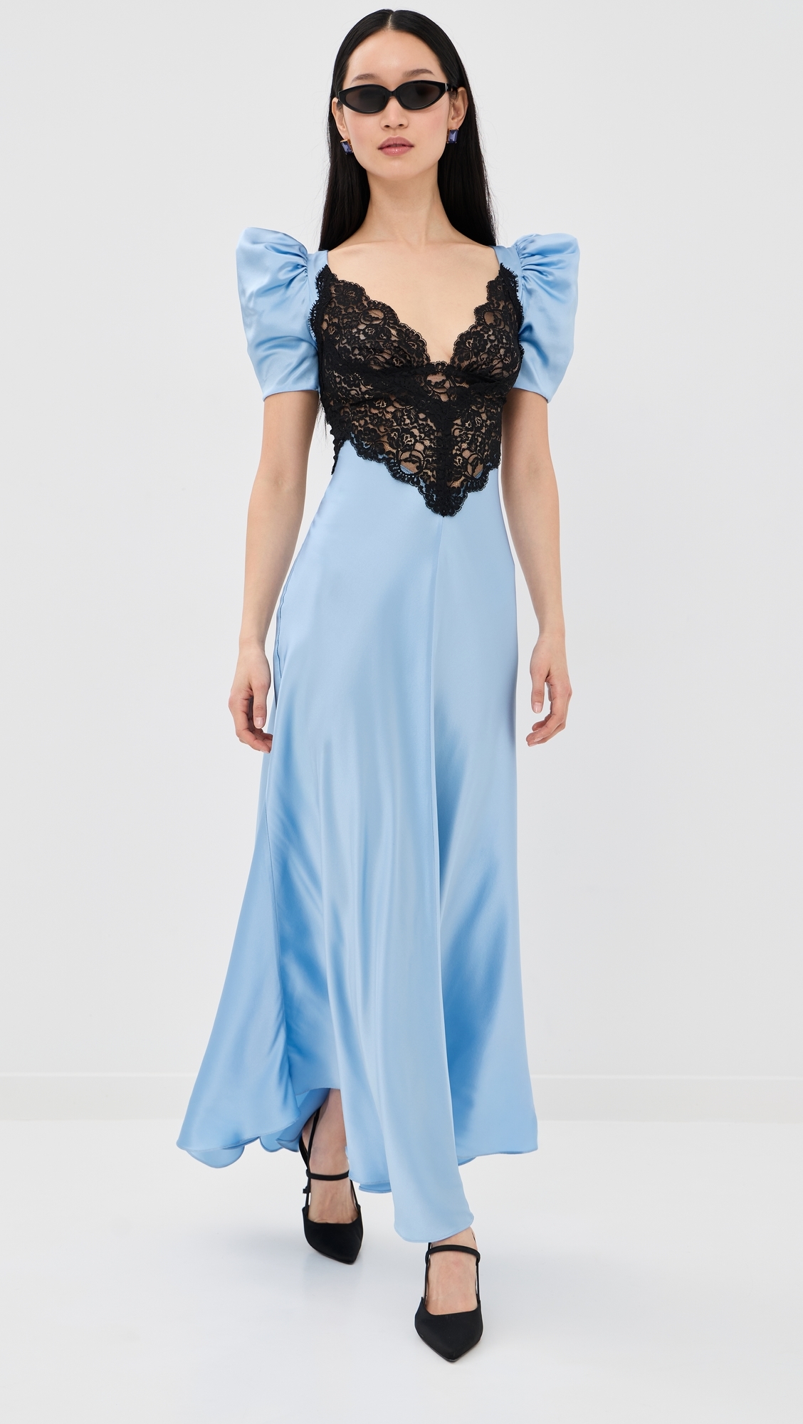 Blue Silk Satin Short Sleeve Dress Blue