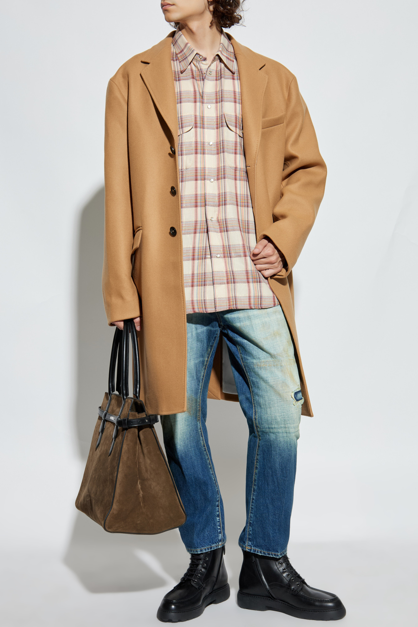 Checked Shirt With Lurex Thread, Men's, Beige