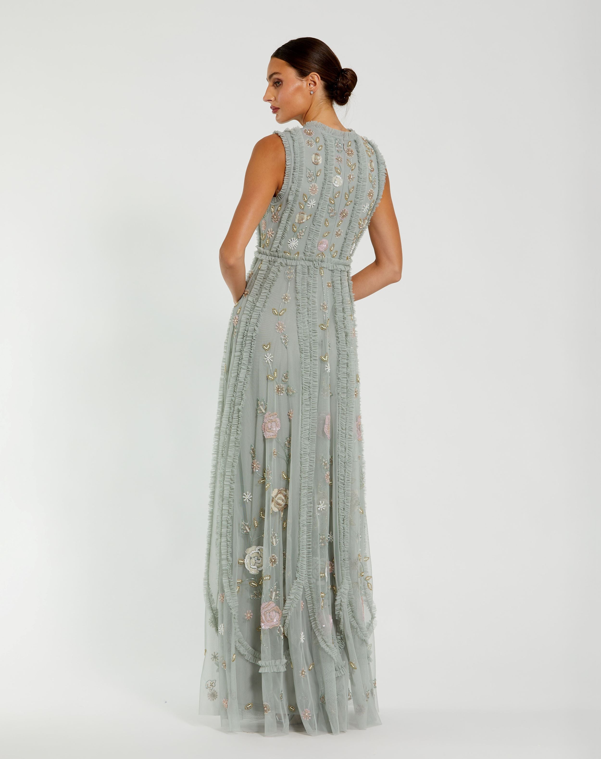 Floral Mesh Sleeveless A Line Micro Ruffle Maxi Gown In Sage Green Multi