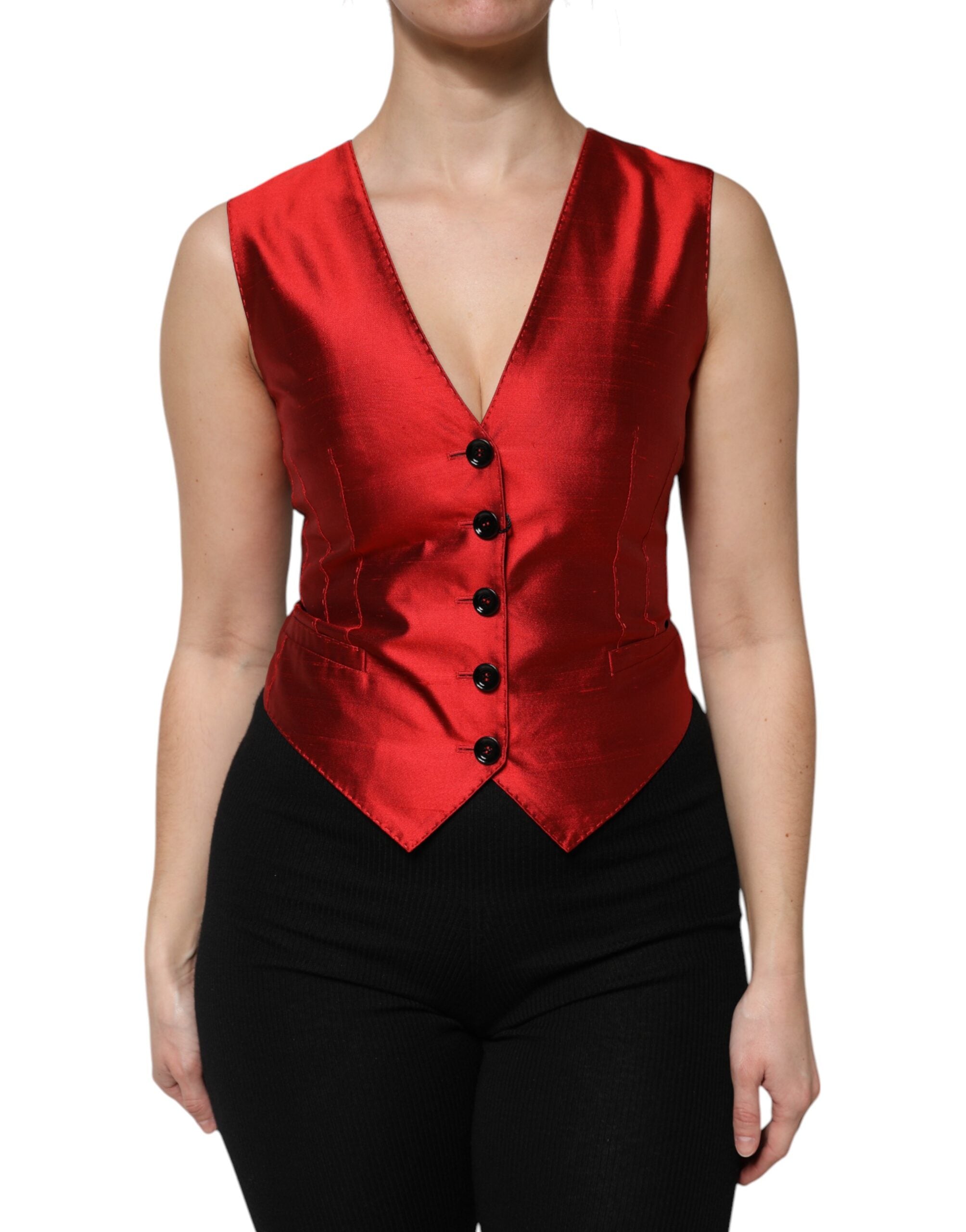 Silk Button-Front Vest — Red