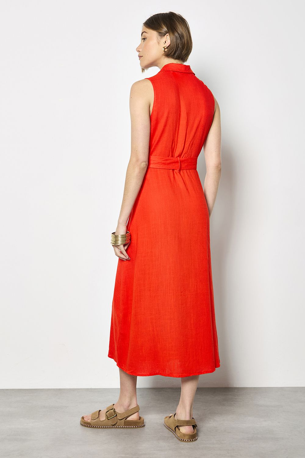 Apricot Linen Blend Shirt Midi Dress In Red