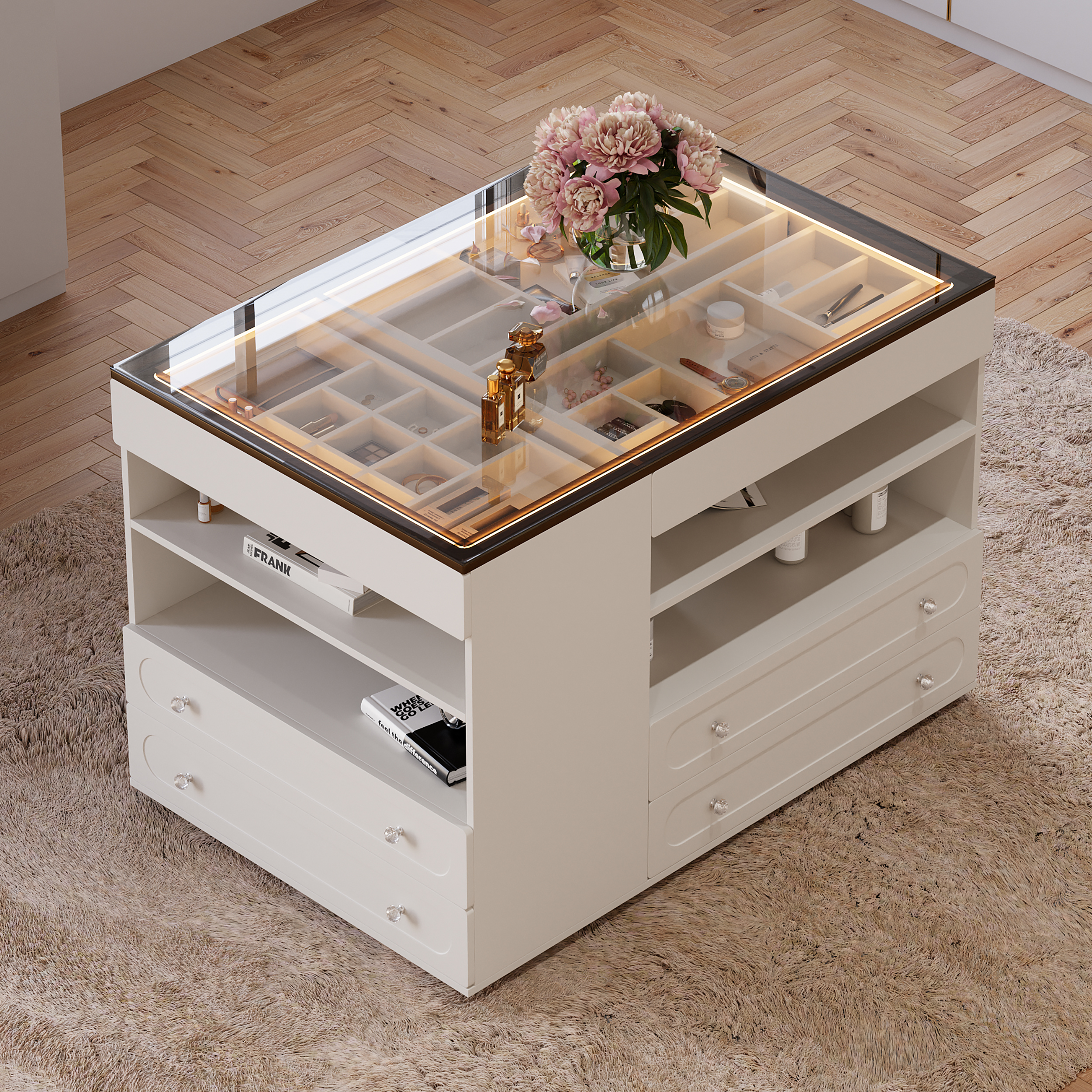 Modern Dresser Width of 120 cm with Jewellery Storage Walk-in Wardrobe Island with LED Light