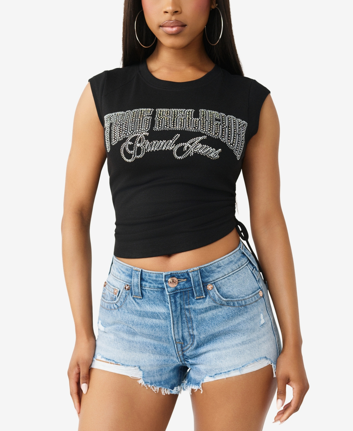 Women's Crystal Side Ruch Baby Top - Jet Black