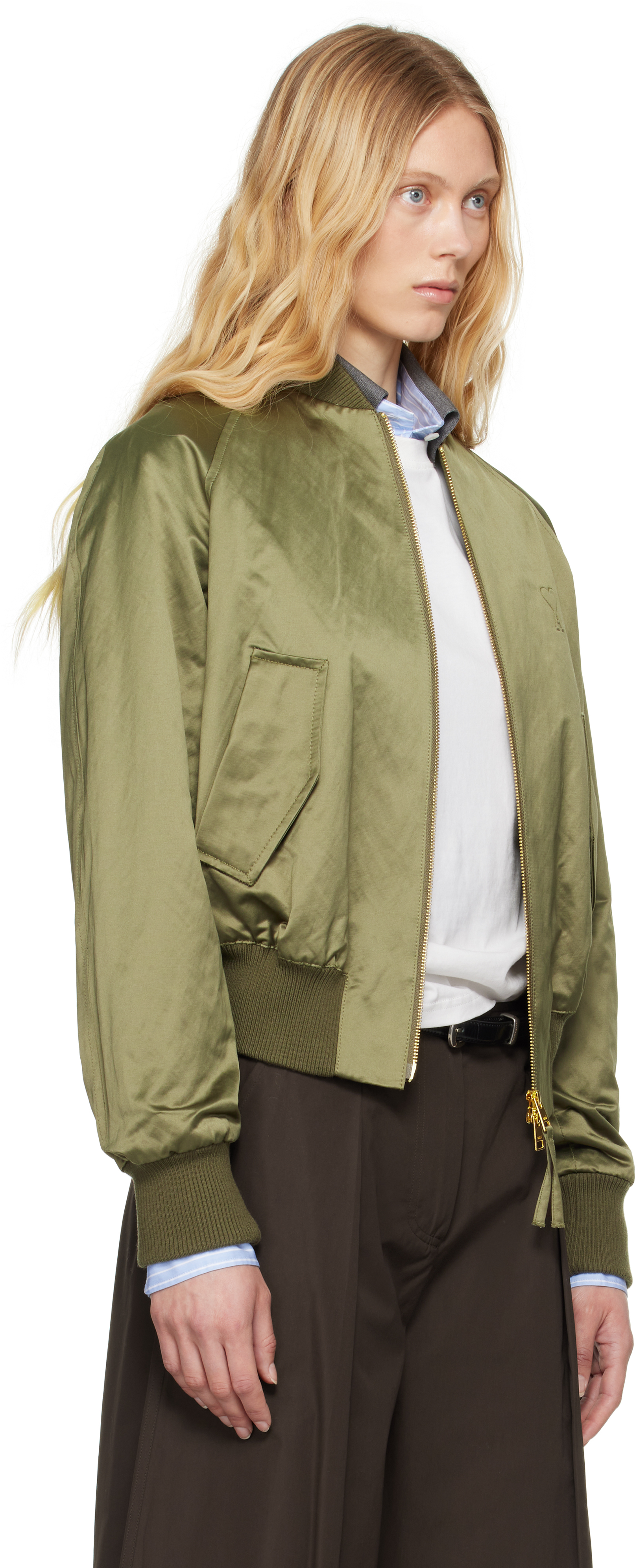 AMI Paris Green Cotton Satin Ami de Coeur Bomber Jacket