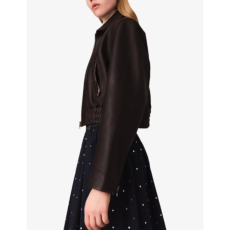 Womens Cropped Smocked-Waist Leather Jacket