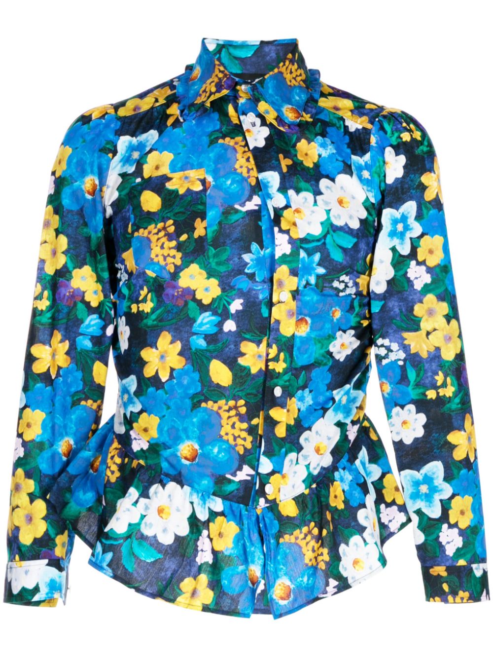 Floral-print peplum-hem cotton shirt - Blue