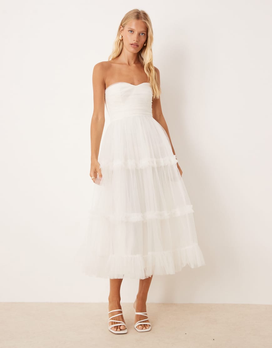 Bandeau ruffle midaxi dress in butter cream-White