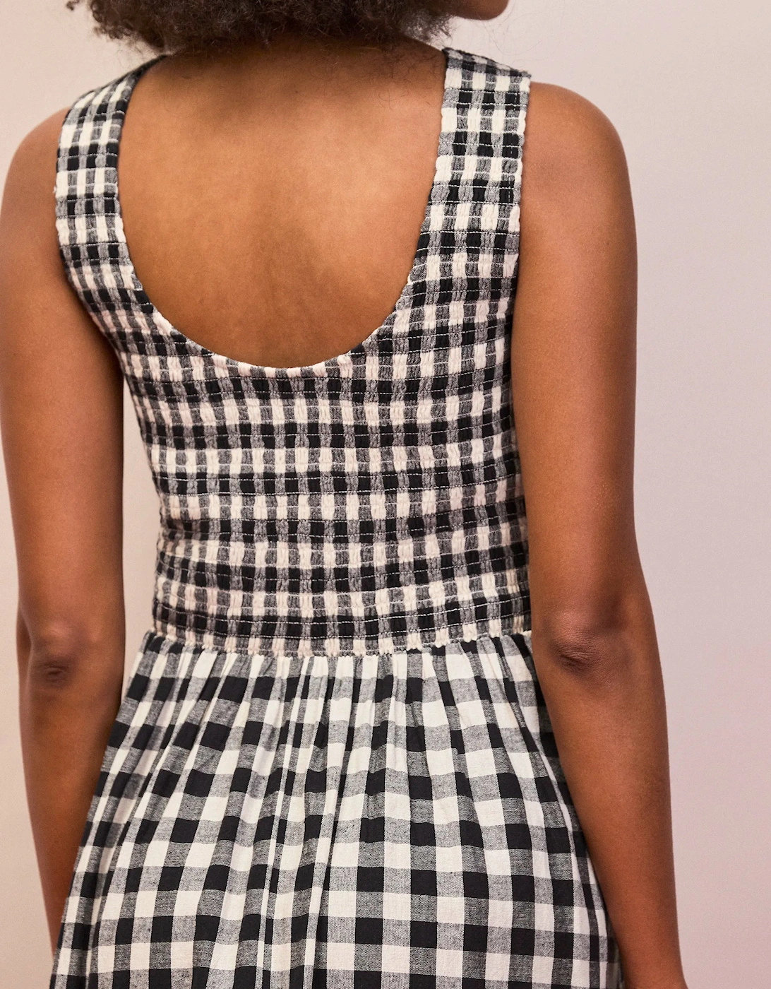 RO&ZO Women's Mono Gingham Cotton and Linen-Blend Shirred Midi Dress - Black