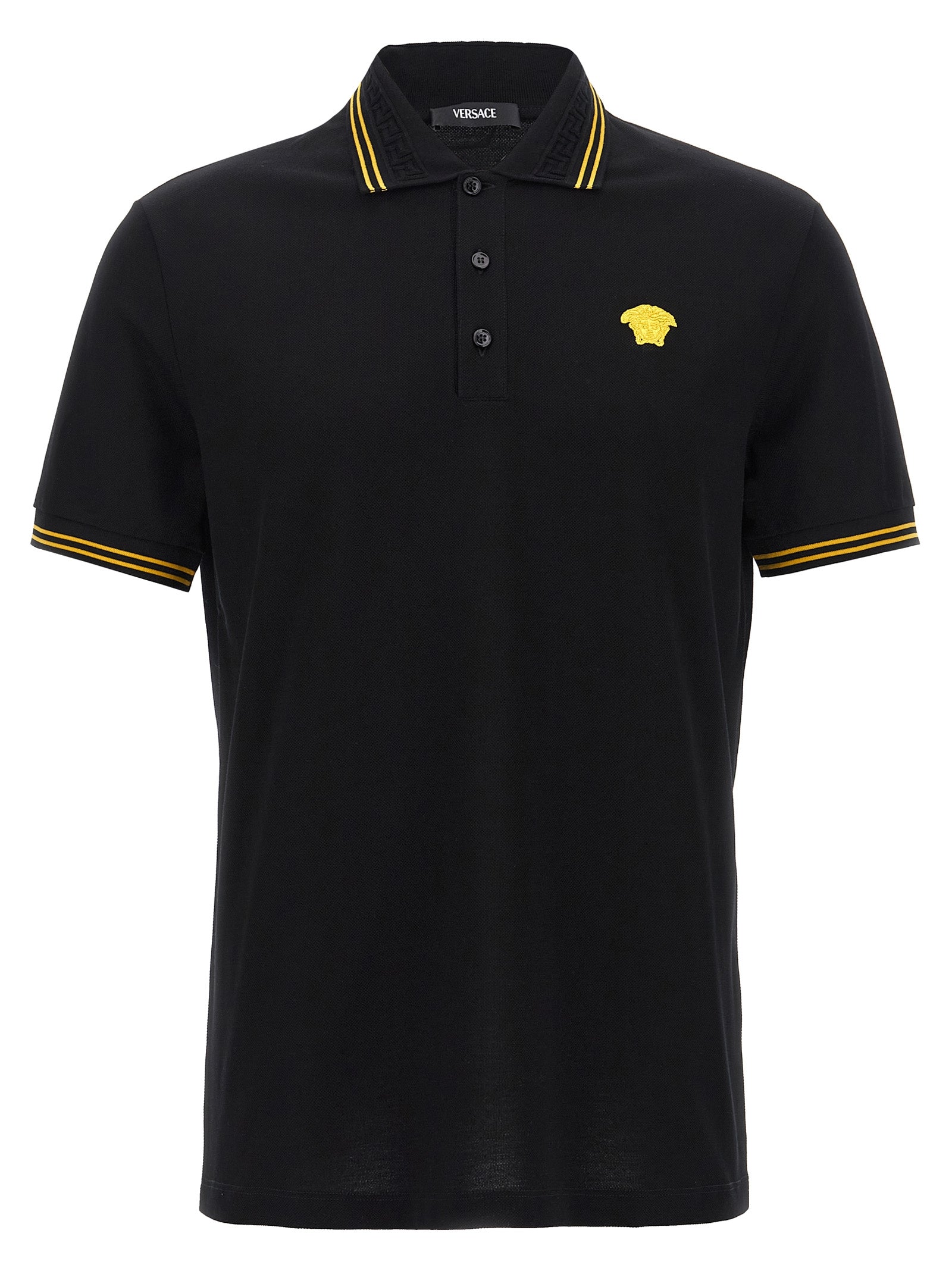 Medusa Logo Cotton Piqué Polo Shirt — Black