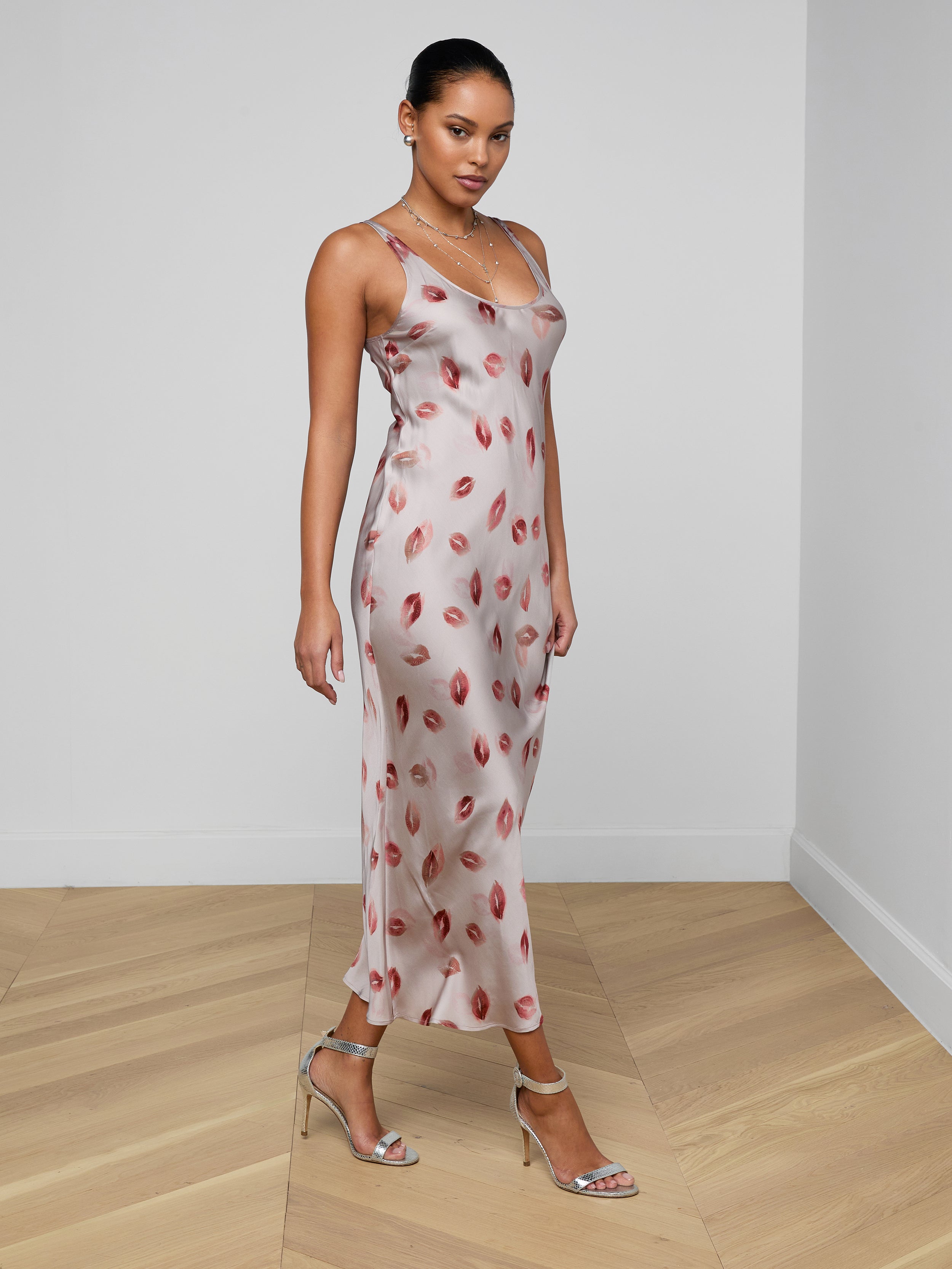Akiya Satin Maxi Dress In Taupe/dark Red Faded Kiss