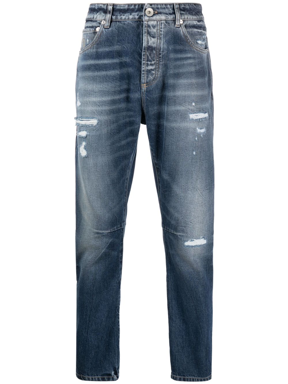 Distressed-finish cotton jeans - Blue