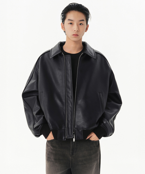 Synthetic Leather Oversized Collared Jacket