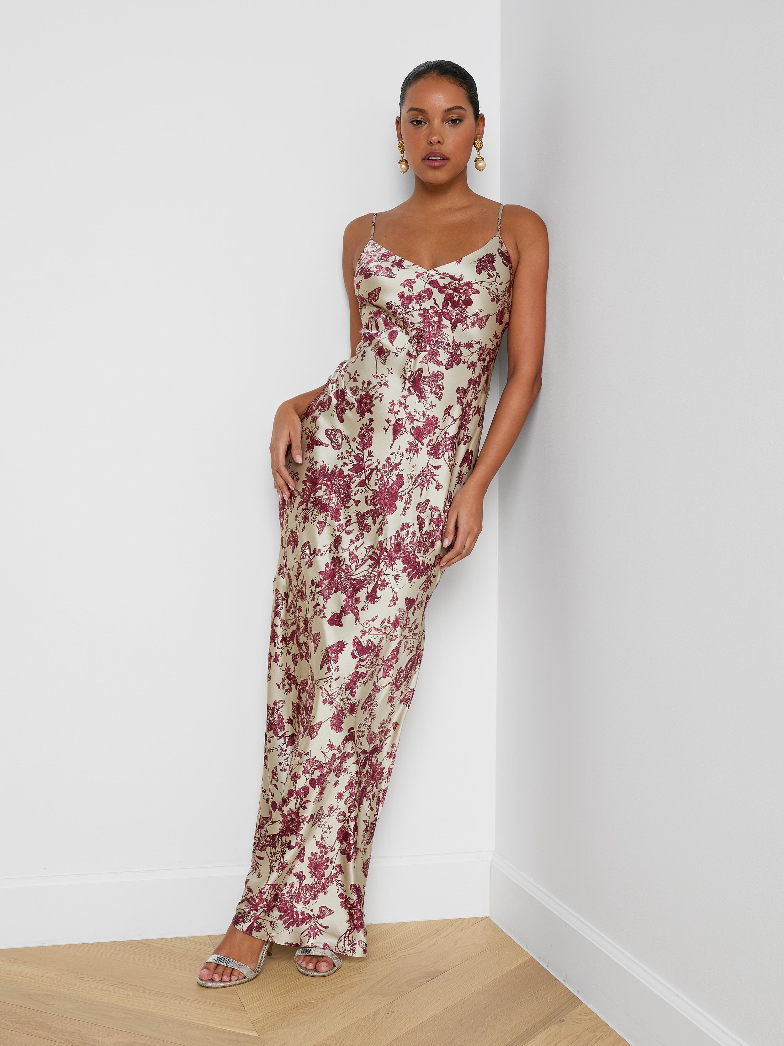 Serita Silk Gown In Tan/truffle Butterfly Toile