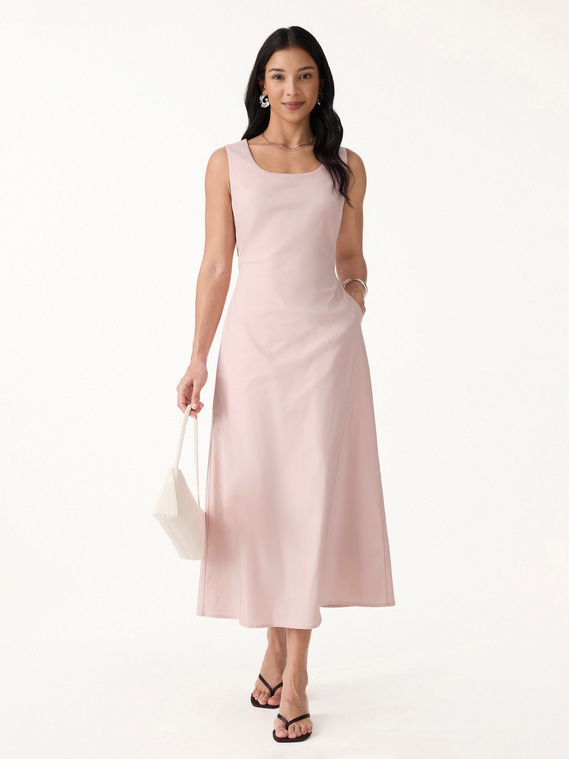 Wrinkle-Resistant Linen Blend U-Neck Maxi Dress with Pockets - Tea Rose Pink