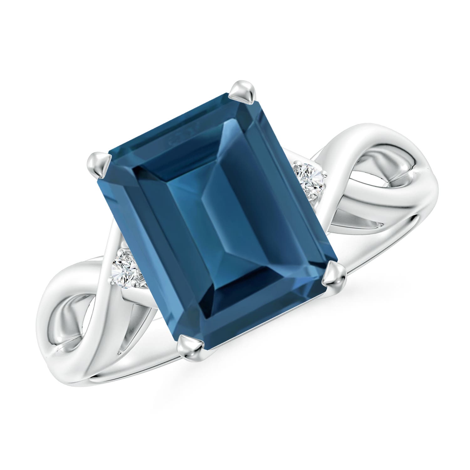 Angara 4.0 Carats Emerald Cut London Blue Topaz Twist Shank Statement Ring in Platinum