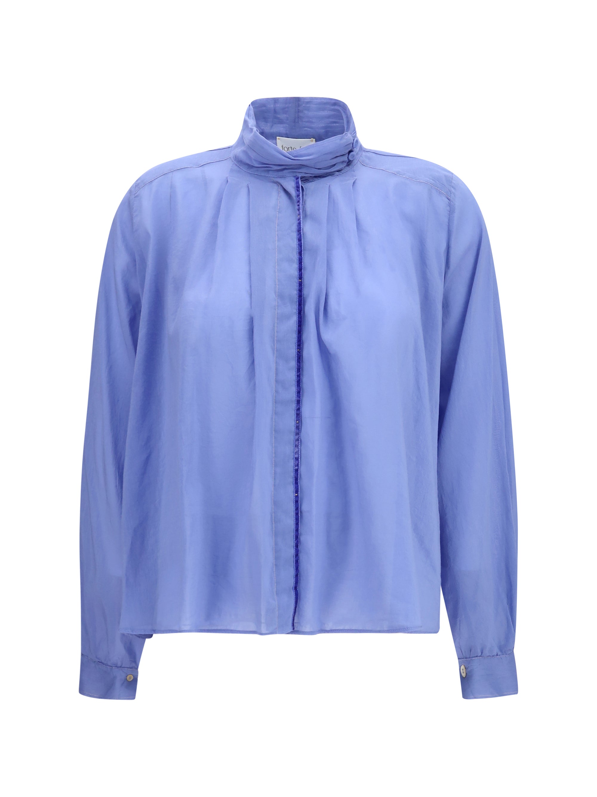 Pleated High-Neck Blouse — Blue