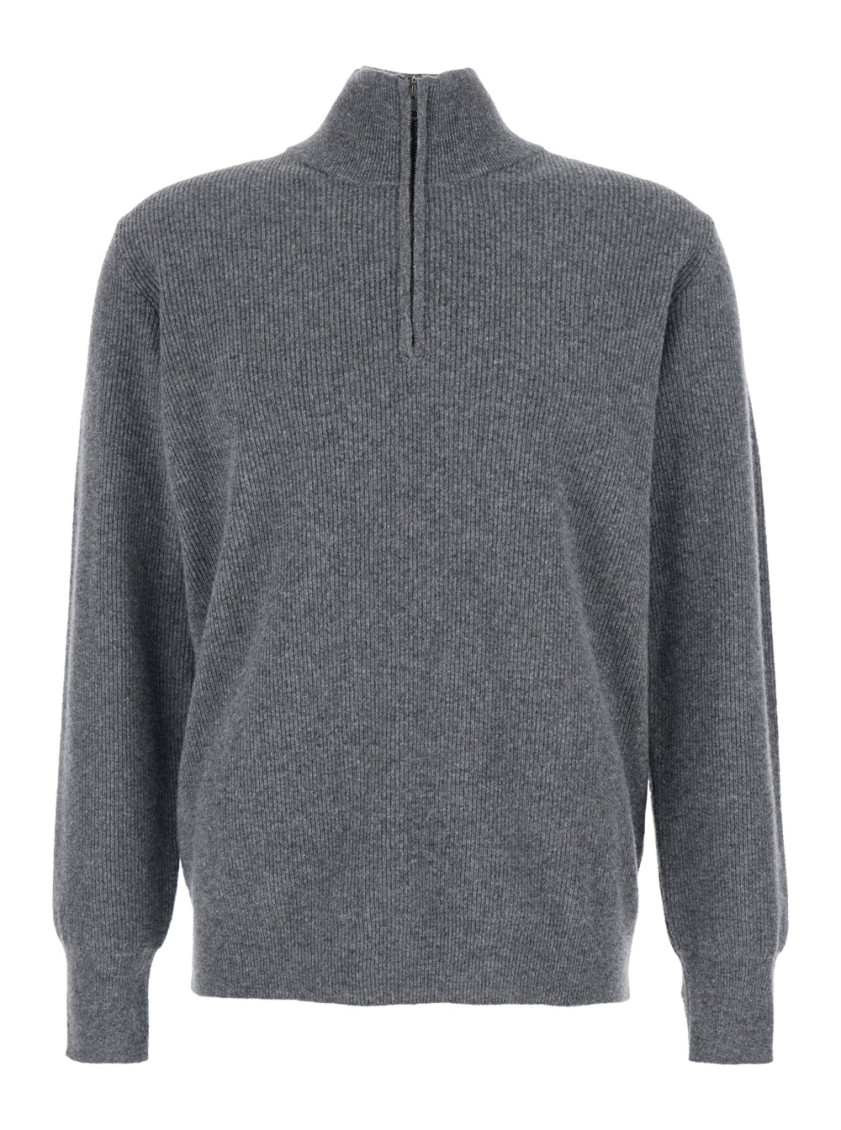 Grey Ribbed Knit Sweater With High Neck And Half Zip Closure In Wool Man