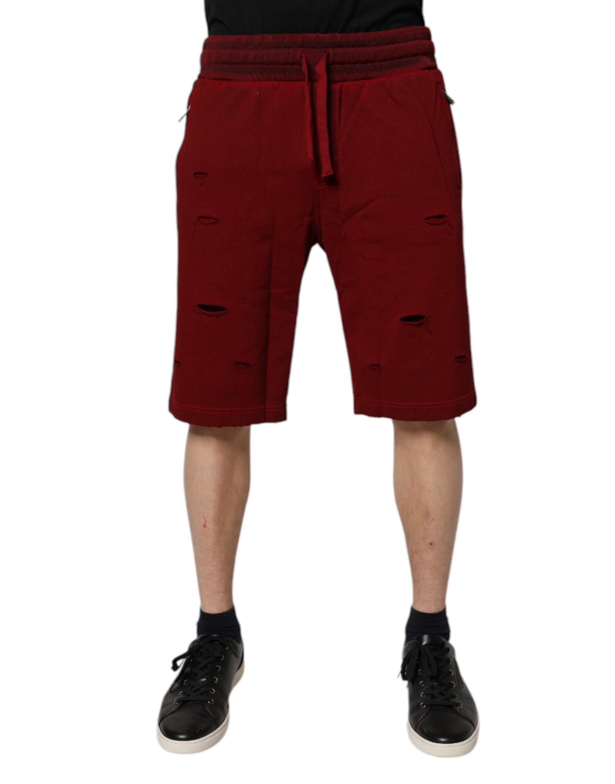 Distressed Cotton Bermuda Shorts — Red