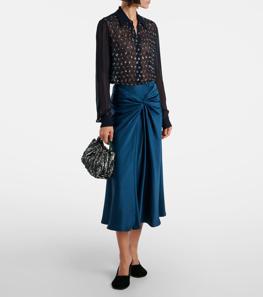 Gathered satin midi skirt