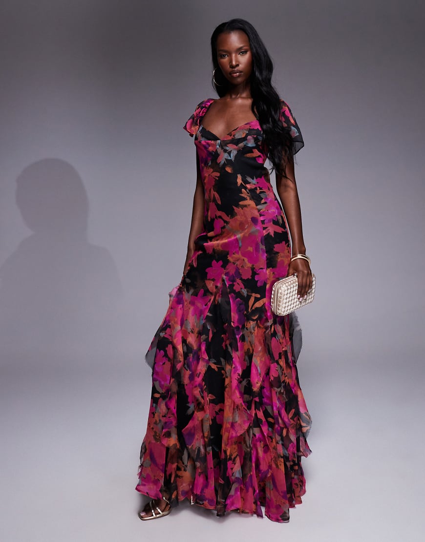 Flutter sleeve maxi dress with ruffle godets in dark floral print-Multi