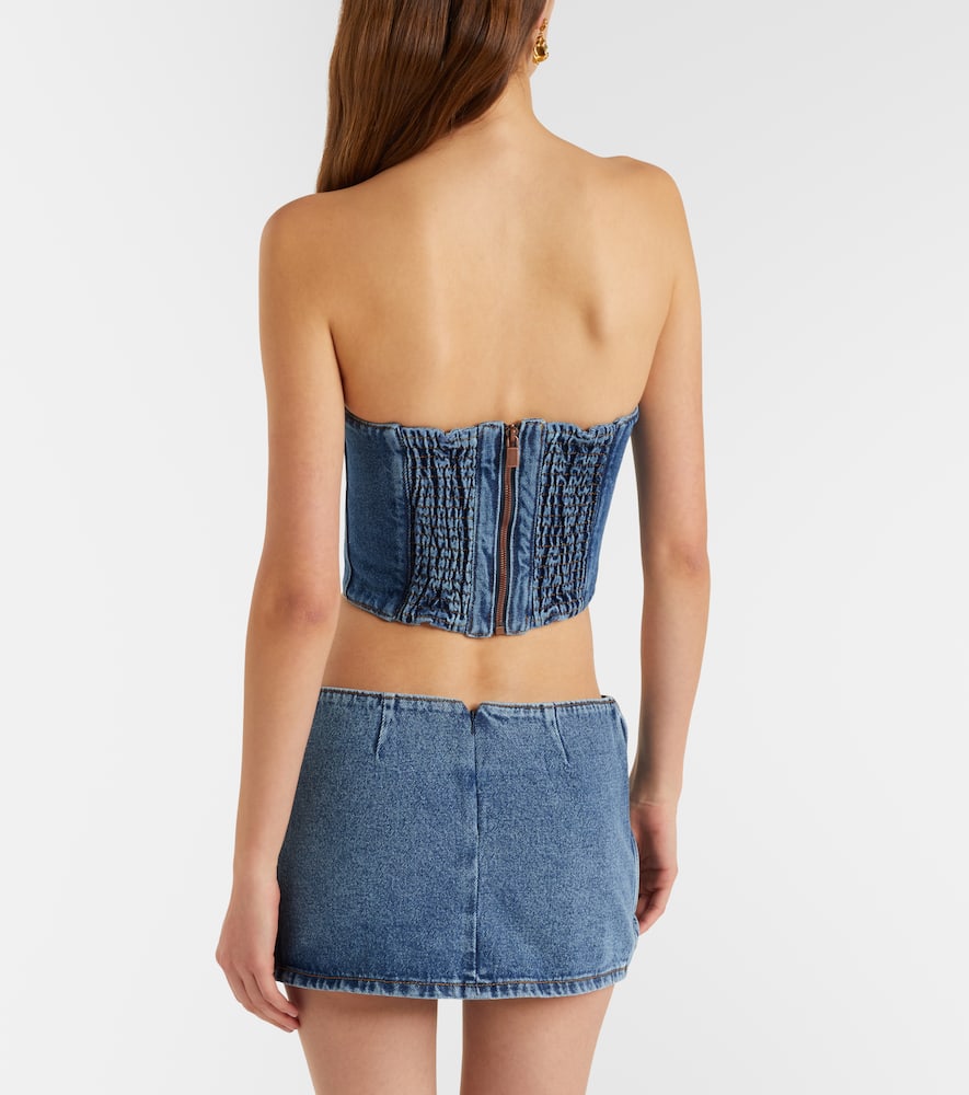 Floral-appliqué denim bustier top